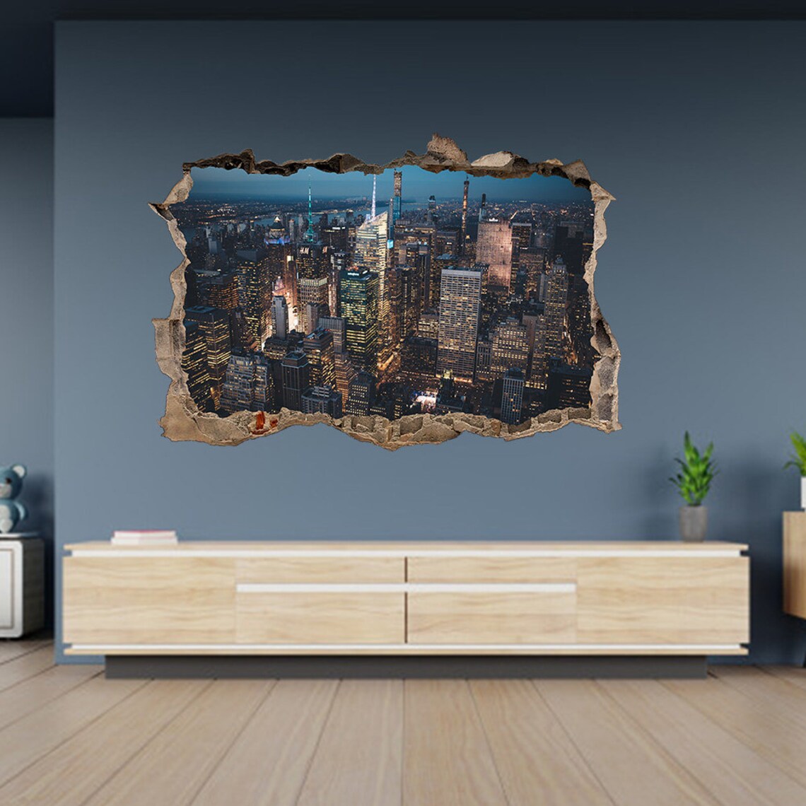 Wall Sticker New York City at Night Landscape 3D Hole in the Etsy