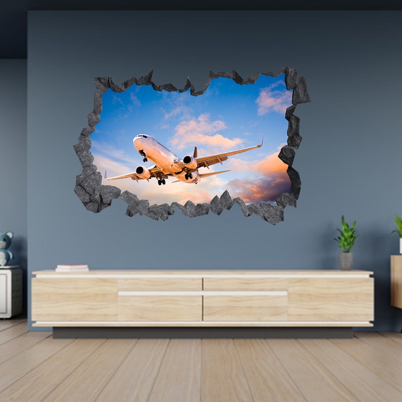 Passenger Plane in the Sky 3D Hole in The Wall C Effect Wall Sticker Decal Mural