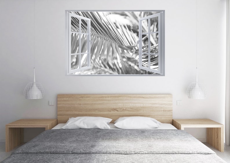 Tropical Wall Decal Peel and Stick Wall Decal Vinyl Stickers Wall Mural Printable Wall Art Tropical Palma Leaf Black and White 3D Window image 3