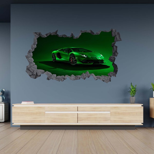 Wall Sticker Lamborghini Green Sports Car 3D Hole in The Wall Effect C Self Adhesive Art Decal Mural