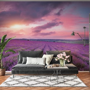 Violet Flower Field Sunset Wall Mural Photo Wallpaper UV Print Decal Art Décor