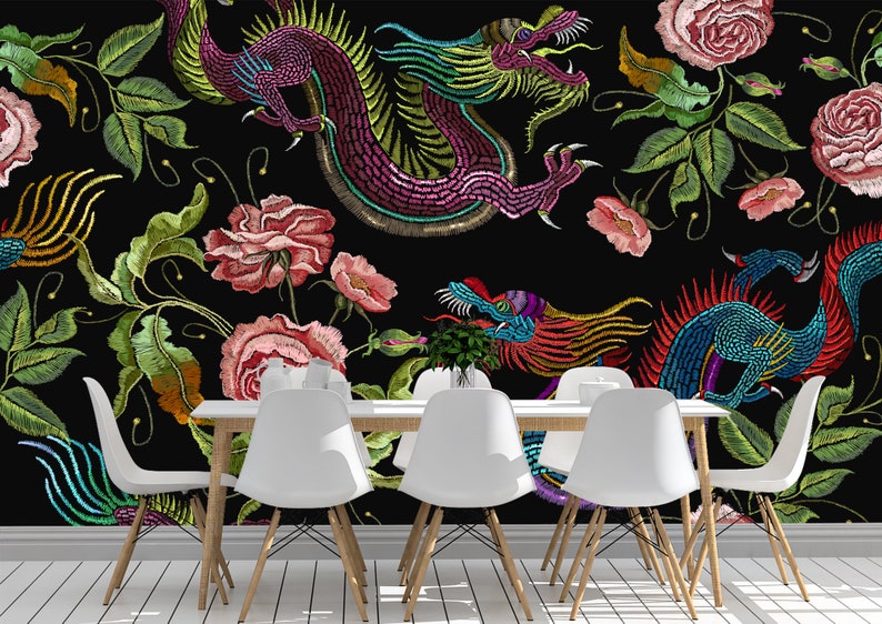 Dragons and Flowers Wall Mural Wallpaper Wall Art Peel & Stick - Etsy UK