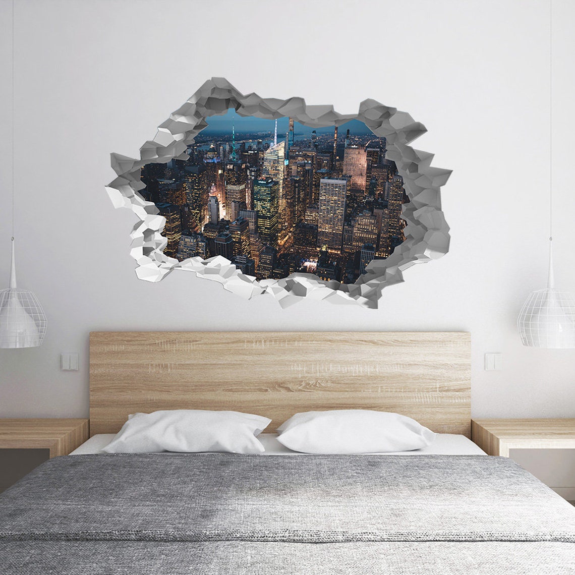 Wall Sticker New York City At Night Landscape 3D Hole in The Etsy