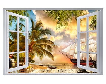 Wall Sticker Pirate Ship & Treasure View 3D Window Effect Art Decal Mural