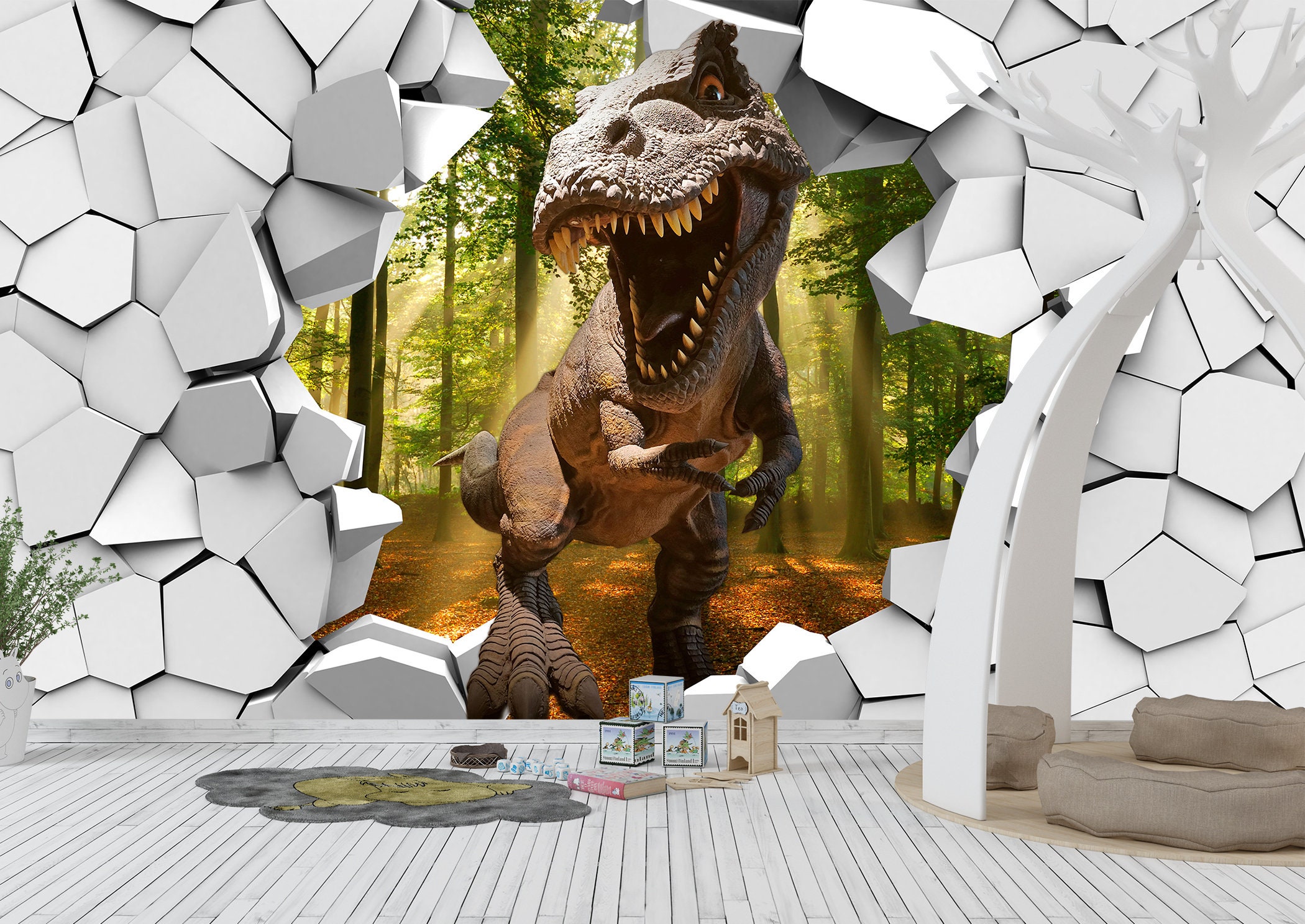 Dinosaur Through a Broken Wall Wall Mural Photo Wallpaper UV Etsy