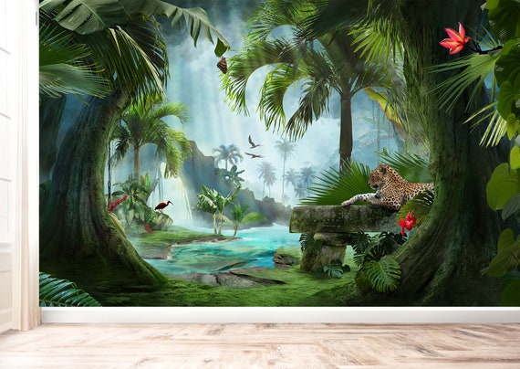  ShopiaWallArts Papel tapiz infantil de tigre chinoiserie, papel  tapiz de hojas verdes, mural extraíble, autoadhesivo, arte de animales de  la selva (17.7 x 175 pulgadas, despegar y pegar) : Herramientas y