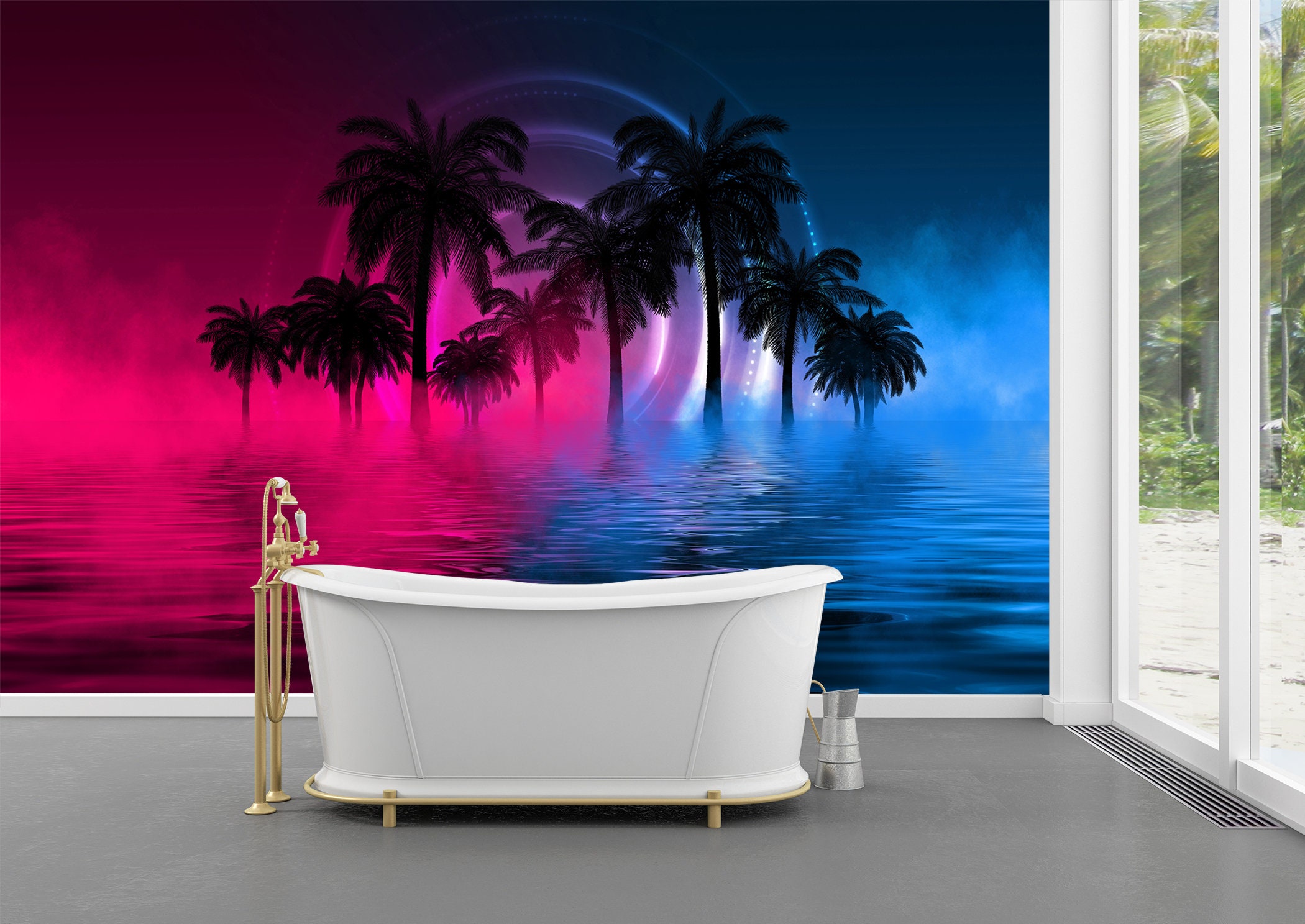Palm trees with neon glow Wall Mural Photo Wallpaper UV Print Etsy