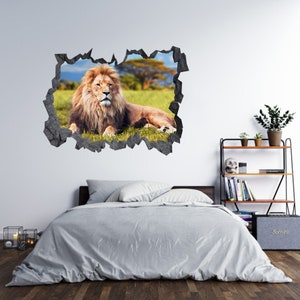 Wall Sticker Lion Picture in Nature 3D Hole in the Wall C Effect Decal ...
