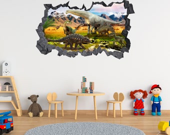 Autocollant mural Dinosaures Paysage 3D Trou dans l’effet mural Autocollant Décalcomanie Art mural