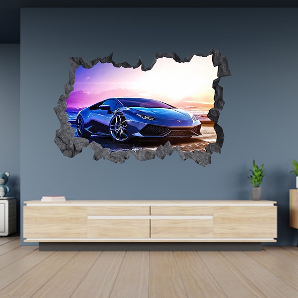 Autocollant Mural Lamborghini Aventador Sport Super voiture 3D trou dans le mur effet autocollant autocollant Art Mural