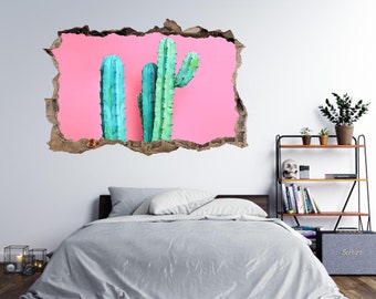 Wall Sticker Cactus on a Pink Background 3D Hole in The Wall Effect Decal Mural