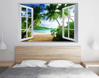 Wall Sticker Beach Landscape With Palm 3D Window Effect Self-Adhesive Decal Mural