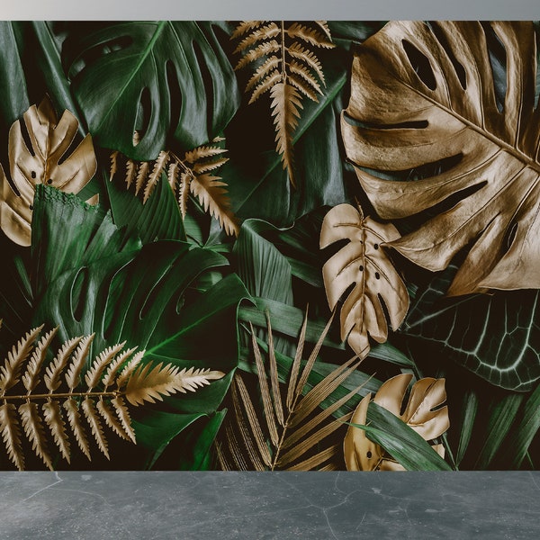 Gold Monstera Wall Mural - Peel & Stick Botanical Wallpaper, Luxurious Office Decor, Large Art, Easy Application, Waterproof Design