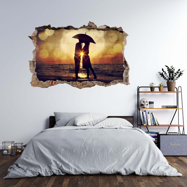Autocollant mural Kissing Couple & Umbrella 3D Hole in The Wall Effect Decal Mural
