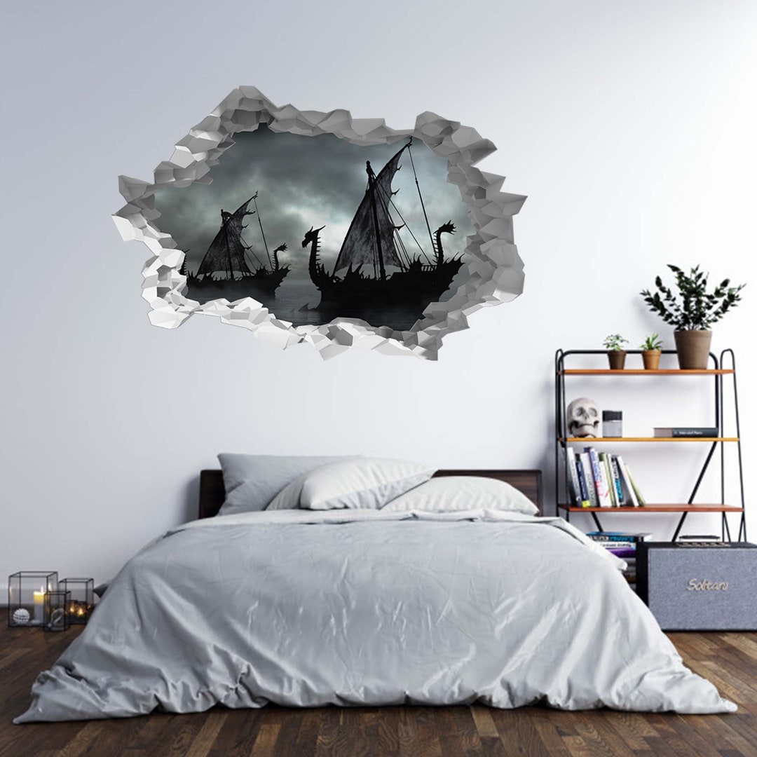 Wall Sticker Viking Ships Darkness 3D Hole in the Wall B Effect Decal Mural  