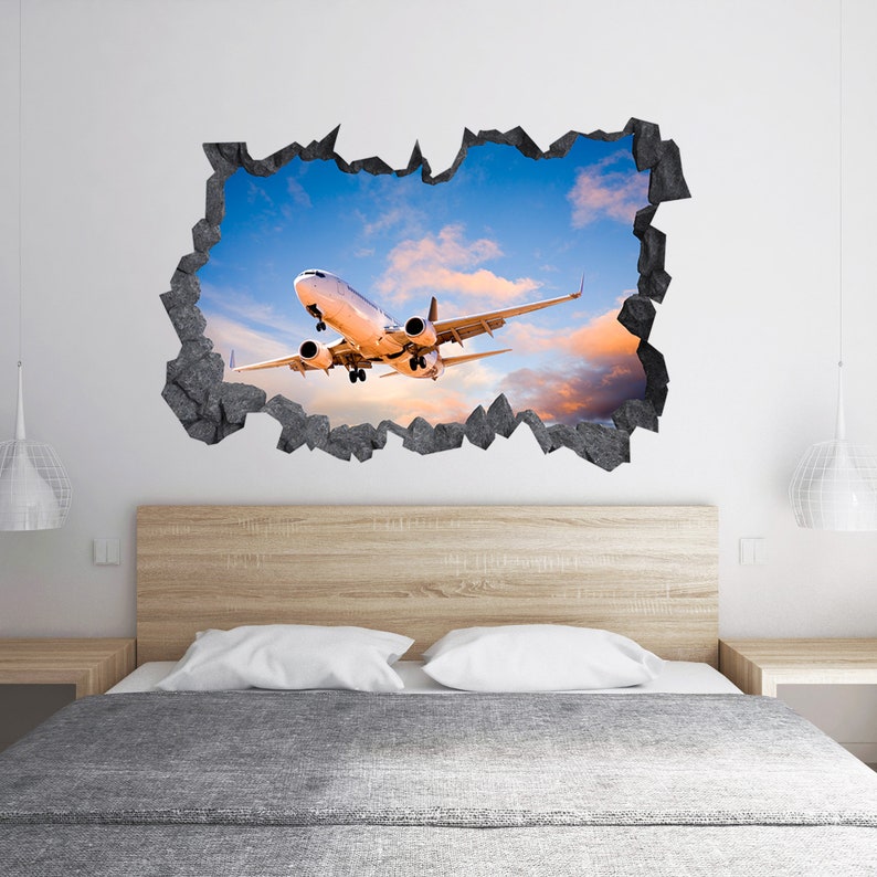 Passenger Plane in the Sky 3D Hole in The Wall C Effect Wall Sticker Decal Mural