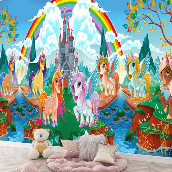 Fairytale Castle Dreamscape: Whimsical Ponies & Rainbow Magic Waterproof Wallpaper for Kids Enchanted Rooms