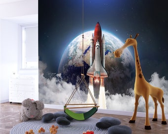 Space Rocket Wallpaper - Peel and Stick Galaxy Mural, Children's Room Decor, Removable Vinyl, Large Wall Art