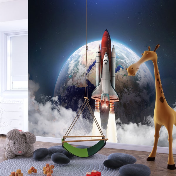 Space Rocket Wallpaper - Peel and Stick Galaxy Mural, Children's Room Decor, Removable Vinyl, Large Wall Art