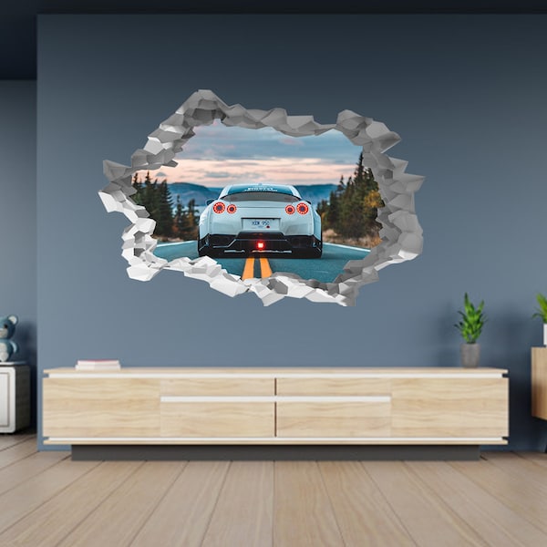 Wall Sticker Nissan Skyline GTR Super Car 3D Hole in The Wall Effect Self Adhesive Decal Art Mural