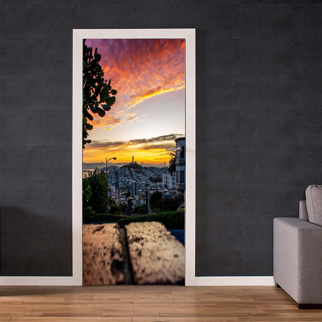 Door Vinyl Sticker City Landscape Print Self Adhesive Vinyl Door