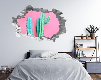 Wall Sticker Cactus on a Pink Background 3D Hole in The Wall Effect B Decal Mural