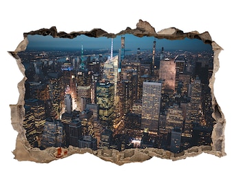 Wall Sticker New York City At Night Landscape 3D Hole in The Wall Effect Decal
