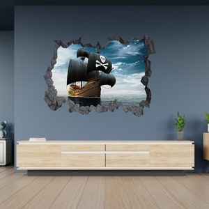 Wall Sticker Pirate Ship Sail on Sea 3D Hole in the Wall C Effect Decal ...