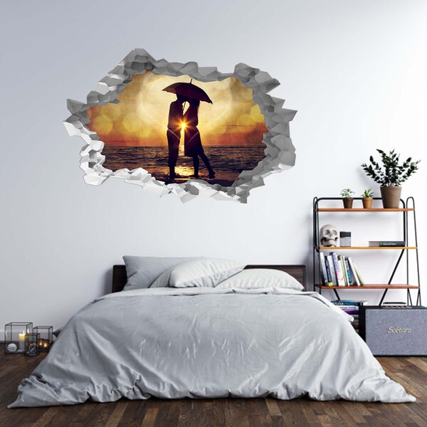 Wall Sticker Kissing Couple & Umbrella 3D Hole in The Wall B Effect Decal Mural