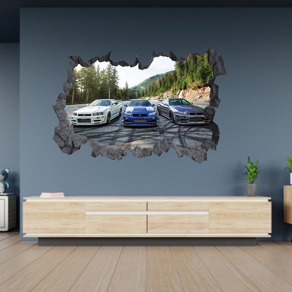 Wall Sticker Three Nissan Skyline Super Car 3D Hole in The Wall Effect Self Adhesive Decal Art Mural