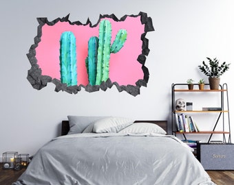 Wall Sticker Cactus on a Pink Background 3D Hole in The Wall Effect C Decal Mural