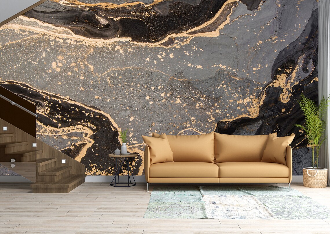 Steppdecke Schwarz-Gold Marmor 240x260cm - Tagesdecke Mit Kissen