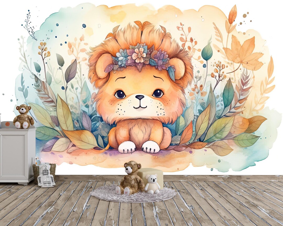 Cute Lion Illustration Kids Wallpaper Custom Nursery Wall Art Decor ...