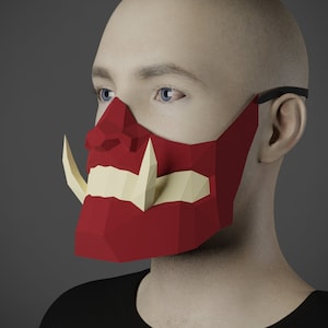 PAPERCRAFT Oni Demon Samurai FACEMASK Plantilla de disfraces de papel 3D, haz tu propia máscara de halloween de cartón para adultos, máscara de miedo polígono