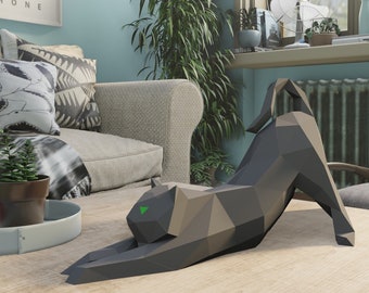 GATO DE PAPEL ESTIRÁNDOSE 3D - Plantilla imprimible PDF - Arte Manualidades Animales, Escultura de papel / Patrón de estatua de bricolaje, estatua de decoración de habitación