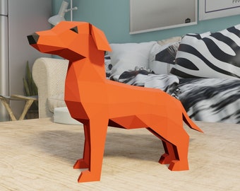 ANIMAL PAPERCRAFT - 3D Dachshund Dog - PDF printable Template, low poly staue diy craft, make your own room decoration, home decor sculpture
