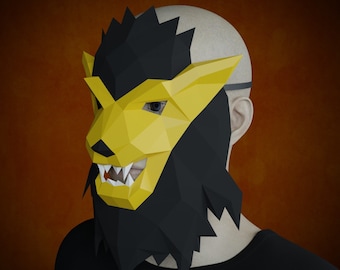 Papercraft MASK 3D - LION face, printable template PDF pattern ~ Diy adult crafts, low poly mask, masquerade,make your own card mask