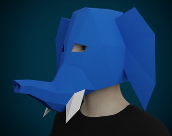 PAPERCRAFT MASKE- ELEFANT: Cartoon 3D Tierkopf- Diy Erwachsene Papier Handwerk Muster, druckbare PDF-Vorlage, machen Sie Ihre eigene Maske für Halloween