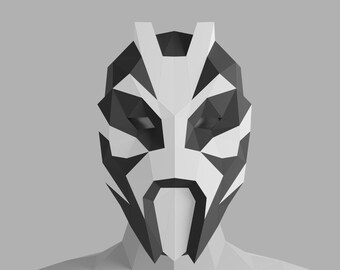 May include: A white and black geometric mask with sharp angles and a stylised face. The mask is made of paper and has a 3D effect.