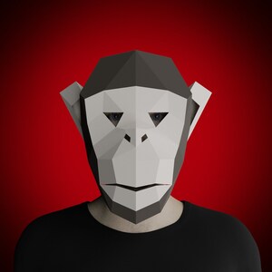 May include: A person wearing a gray and white papercraft monkey mask. The mask has a triangular shape with a pointed nose and large eyes.