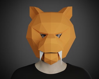 TIGGER MASK PAPERCRAFT 3D-sjabloon, diy volwassen ambacht, maak je eigen Animal Paper kostuum, puma, katachtig masker, Maskerade, kaartmasker halloween