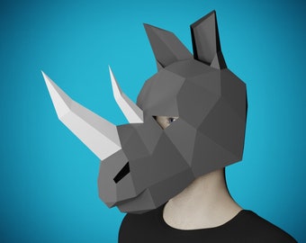 PAPERCRAFT MASK RHINO,  3D animal head- Diy adult paper craft pattern, printable pdf template, make your own mask for halloween