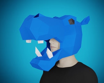 PAPERCRAFT MASK HIPPO,  3D animal head- Diy adult paper craft pattern, printable pdf template, make your own mask for halloween