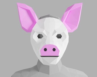 May include: A white pig mask with pink ears and a pink snout. The mask is made of paper and has a geometric design.