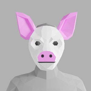 May include: A white pig mask with pink ears and a pink snout. The mask is made of paper and has a geometric design.