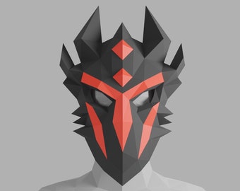 May include: A black and red origami mask with a dragon-like design. The mask has sharp angles and a geometric pattern.