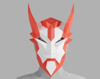 May include: A white and red origami mask with a fierce expression. The mask has sharp, pointed horns and a detailed design.
