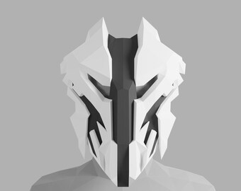 May include: A white and black geometric mask with sharp angles and a futuristic design.