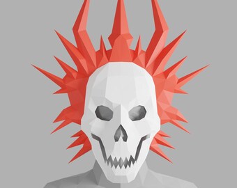 May include: A white skull mask with a red spiky mohawk. The mask is made of paper and has a 3D effect.