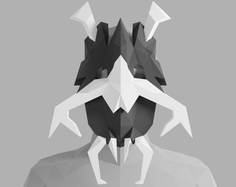 May include: A black and white origami mask with a geometric design. The mask has a sharp, angular shape and features a pointed beak.